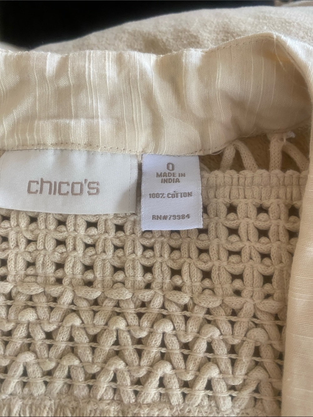 Chico's Cream Crochet Open-Weave Cotton Jacket